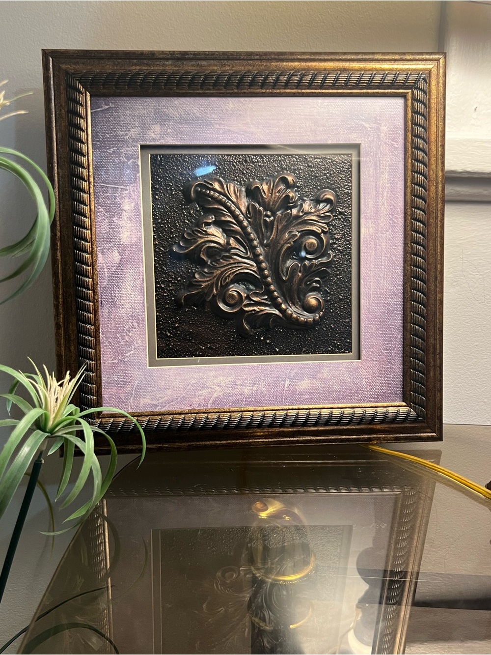 Decorative Bronze Leaf Wall Art with Lavender Mat